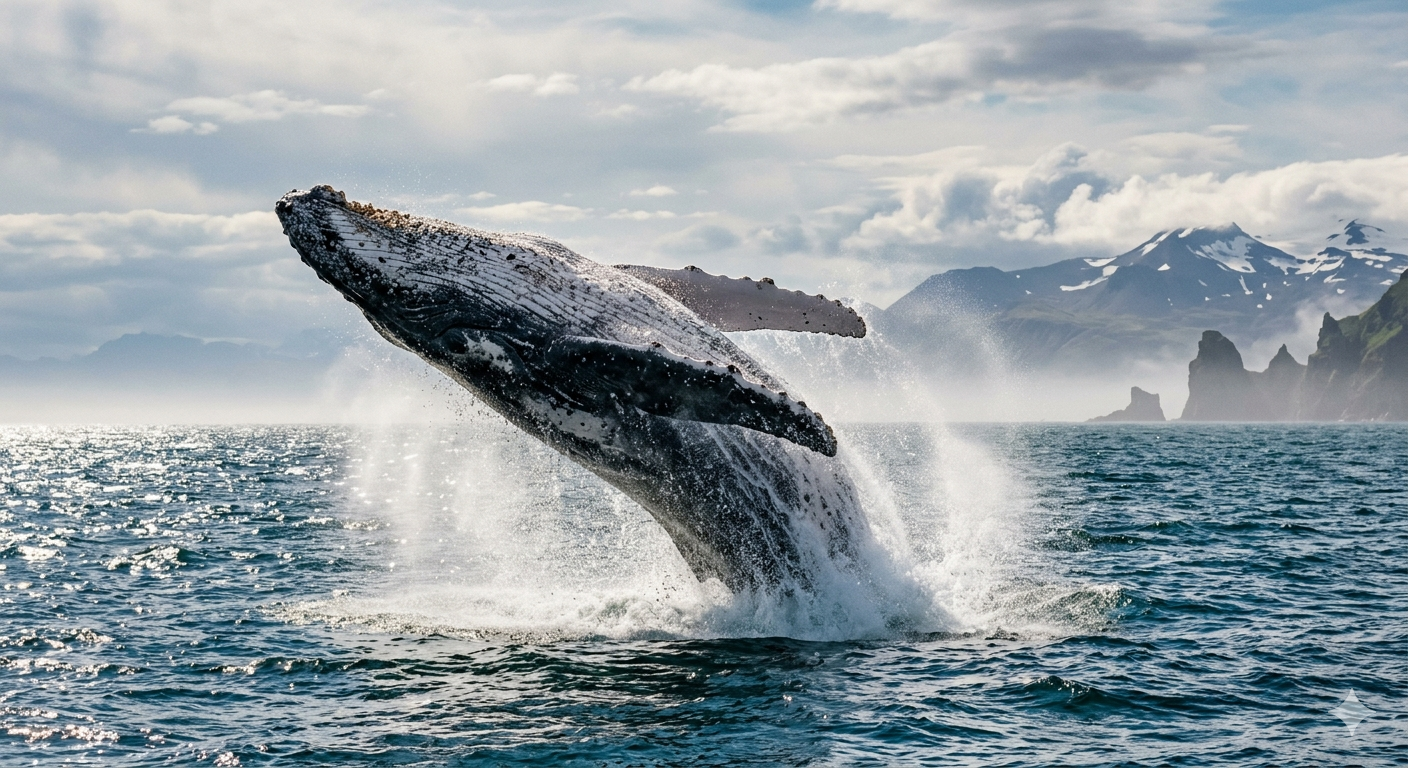 A spectacular breach of a humpback whale (Megaptera novaeangliae) in its natural habitat. Protecting these marine giants is vital for ocean conservation and global climate regulation.